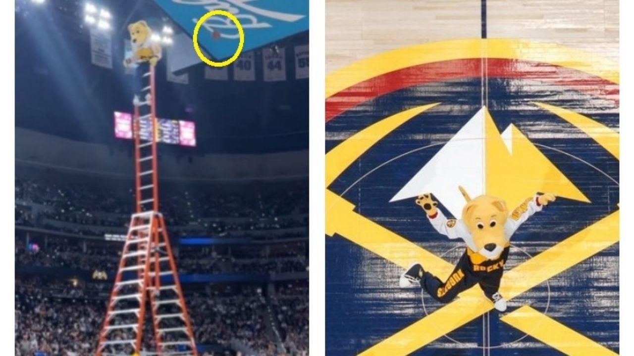 Mascota de los Nuggets anota desde media cancha en una escalera.